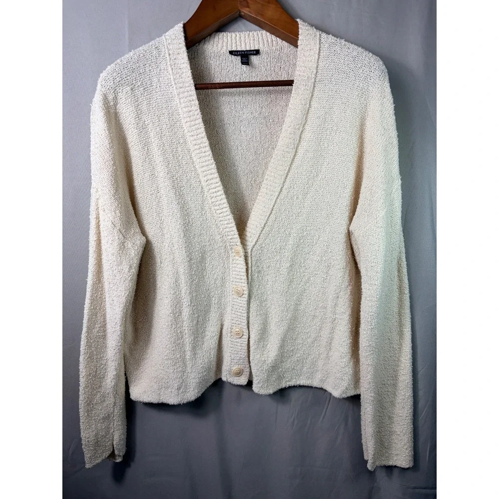 Eileen Fisher Womens Cardigan Cream M Organic Cotton Knit Button Up V-Neck Peru